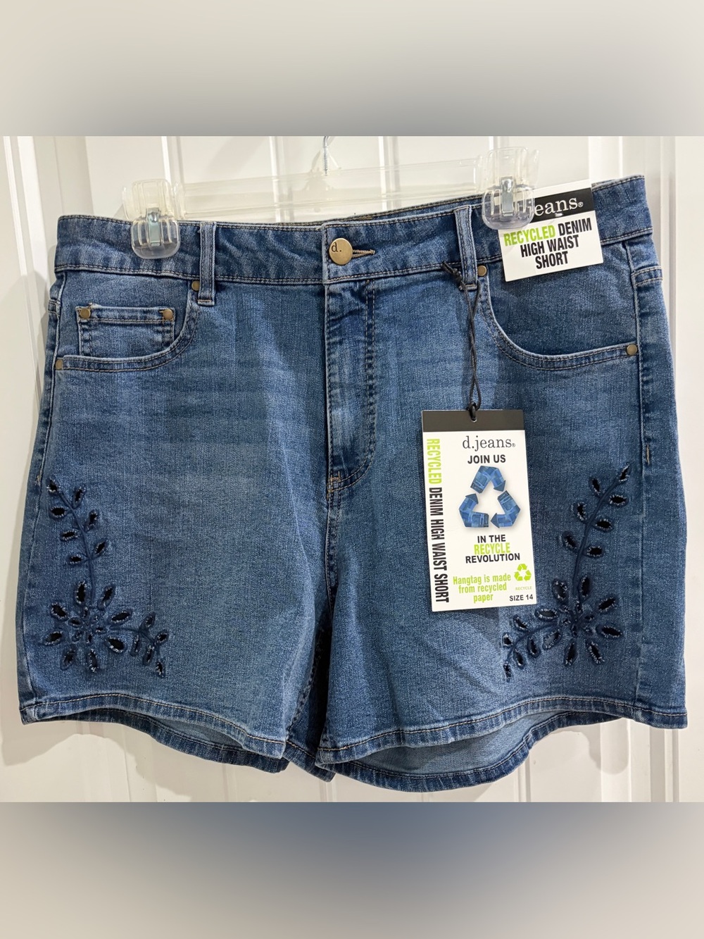 d. jeans high waist denim shorts with floral cutouts, Size 14 NWT